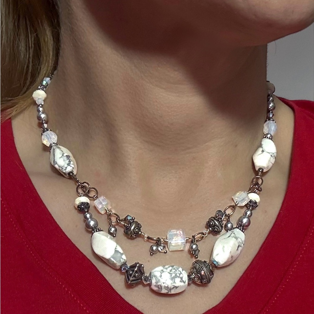 Tres Jolie natural howlite stone tiered necklace 18” Swarovski sterling silver